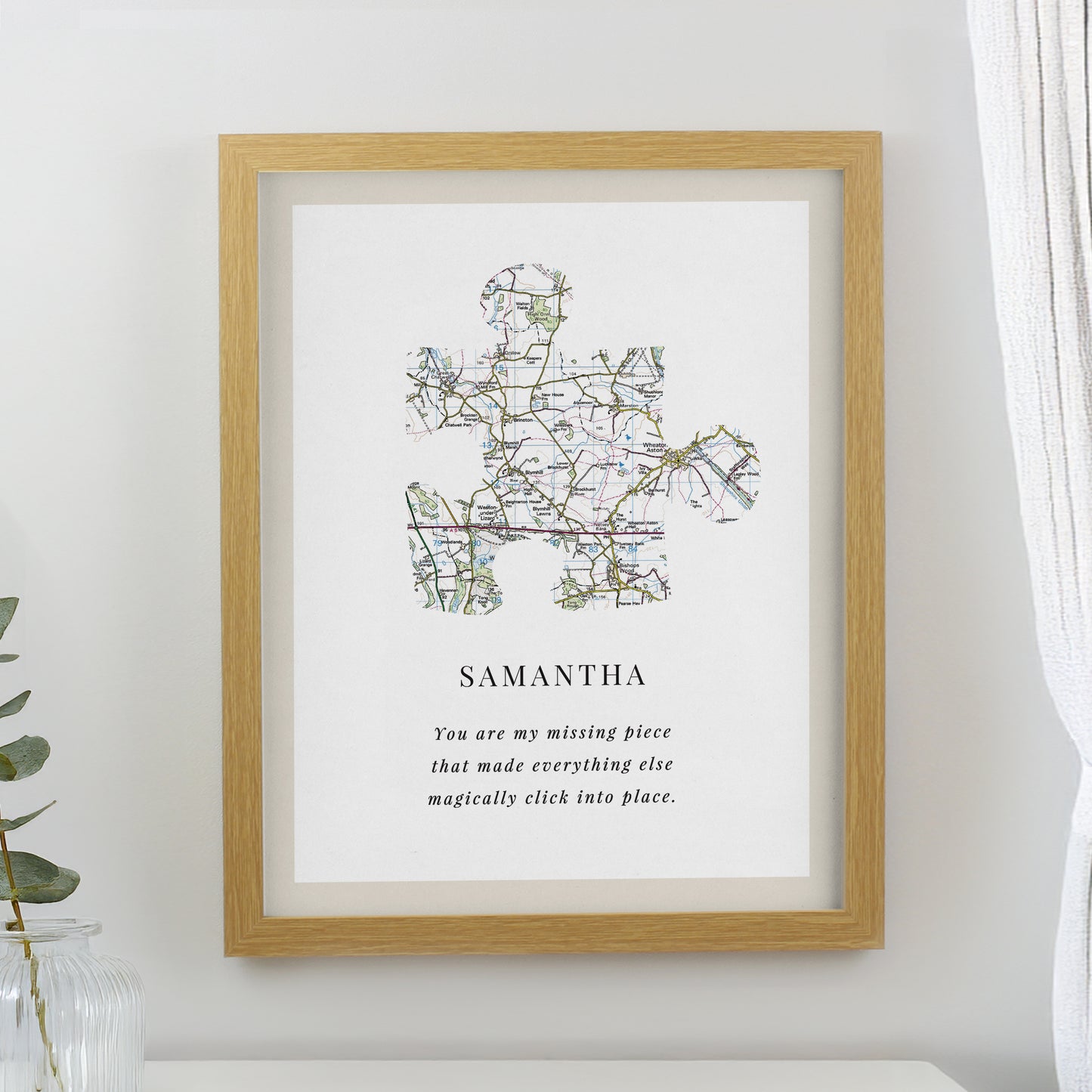 Personalised Present Day Map Puzzle Piece Oak Poster Frame from Heartfelt Gifts