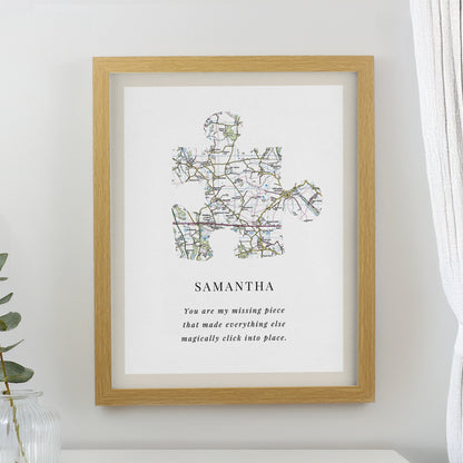 Personalised Present Day Map Puzzle Piece Oak Poster Frame from Heartfelt Gifts