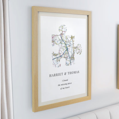 Personalised Present Day Map Puzzle Piece Oak Poster Frame - image 2