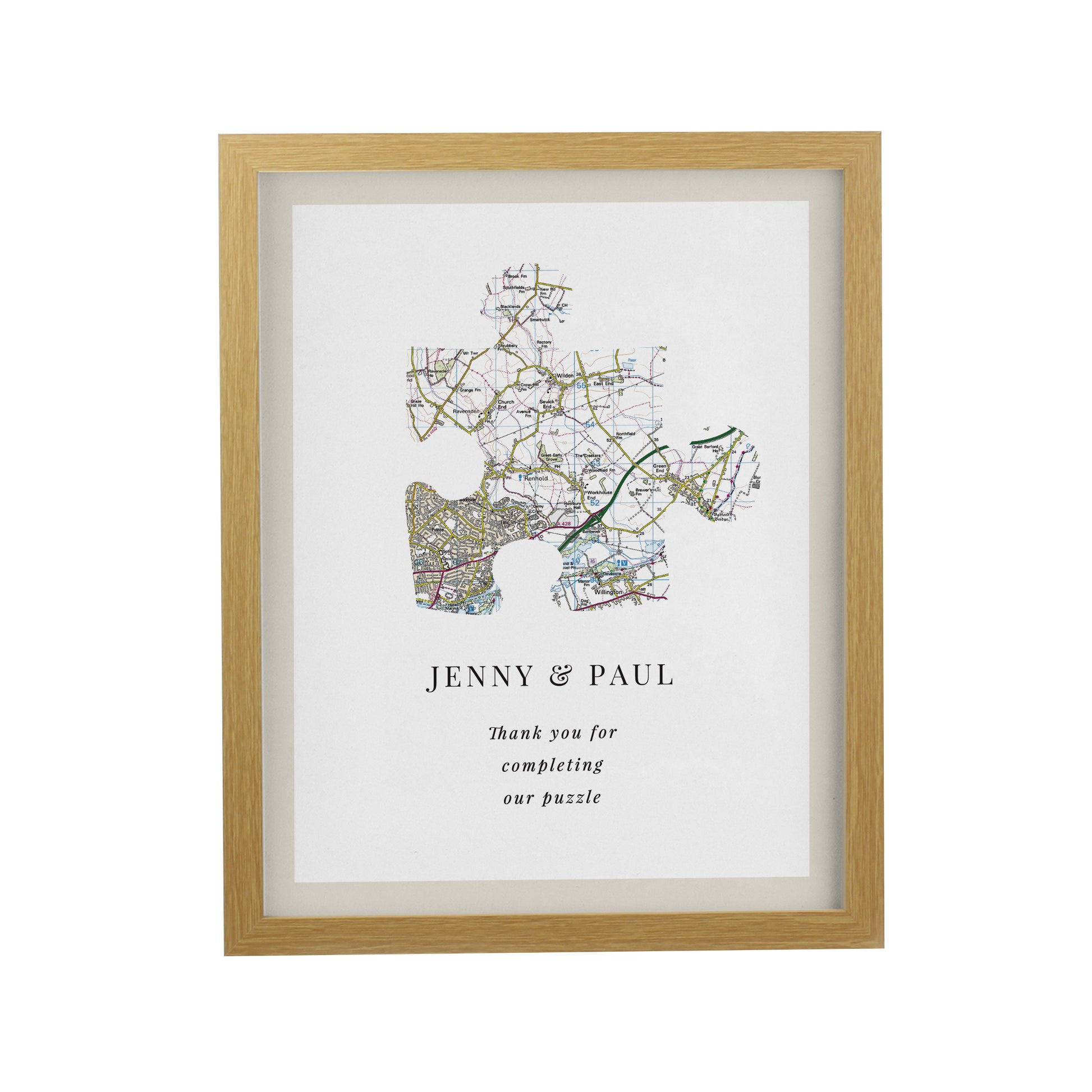 Personalised Present Day Map Puzzle Piece Oak Poster Frame - image 3