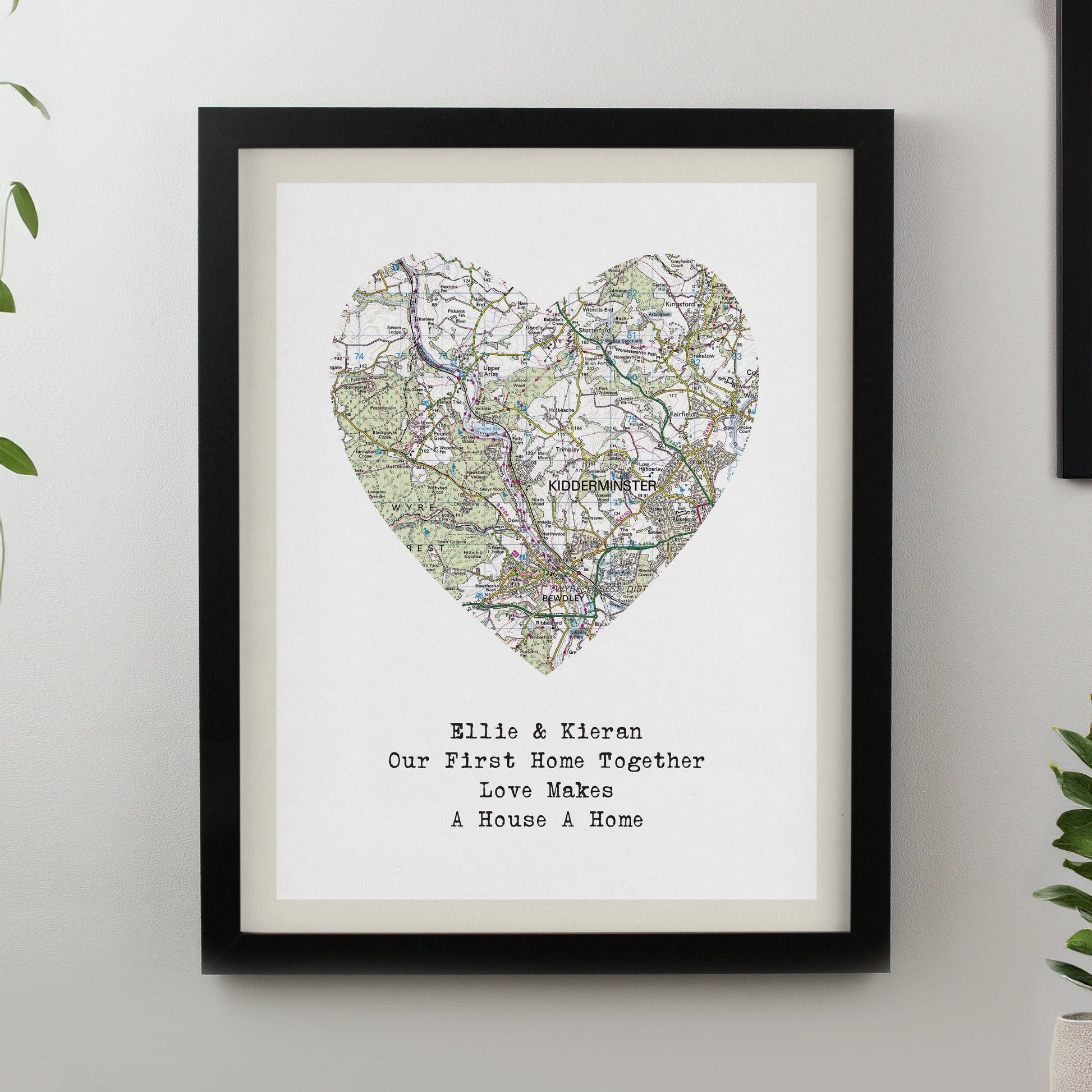 Personalised Present Day Map Heart Black Poster Frame from Heartfelt Gifts