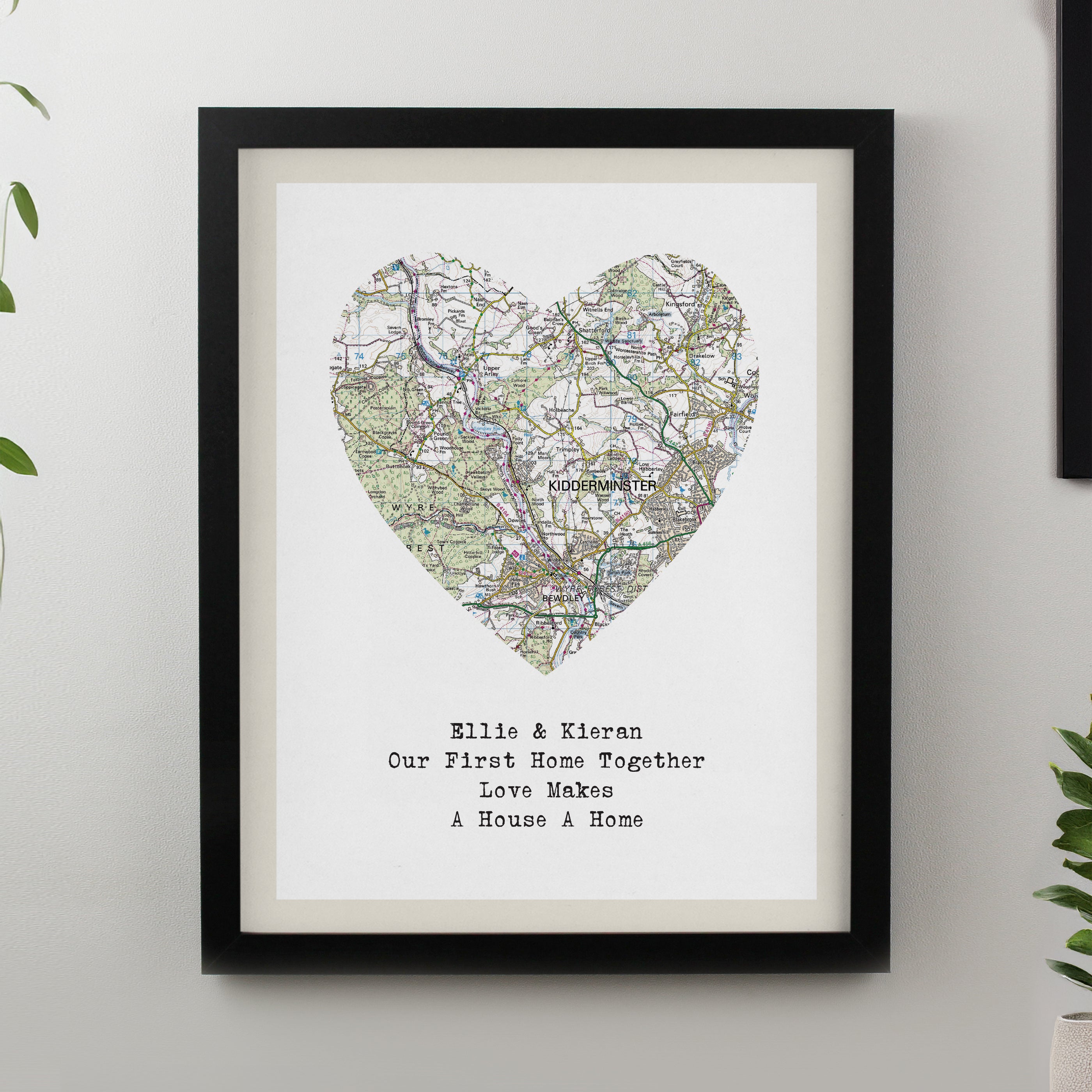 Personalised Present Day Map Heart Black Poster Frame from Heartfelt Gifts