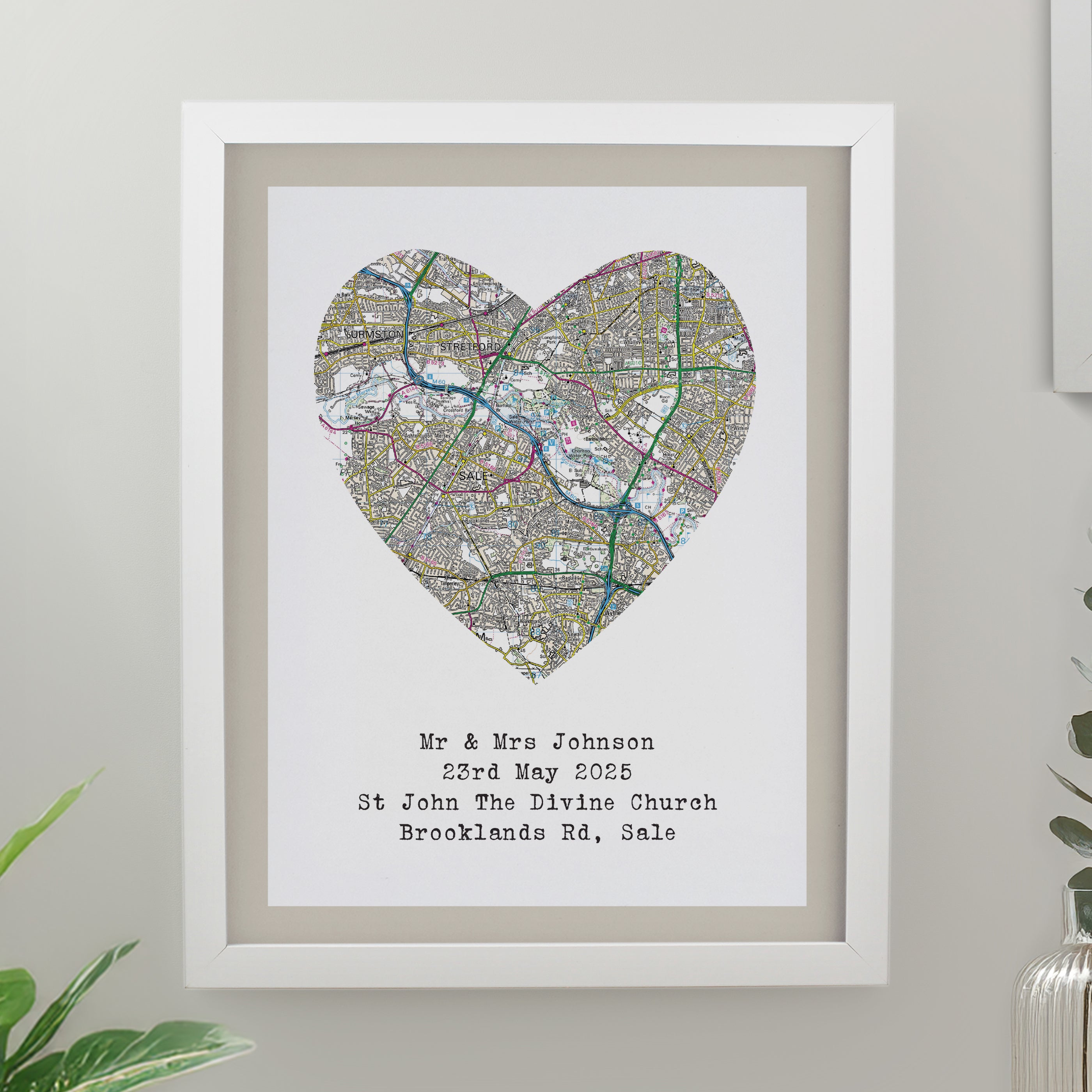 Personalised Present Day Map Heart White Poster Frame from Heartfelt Gifts