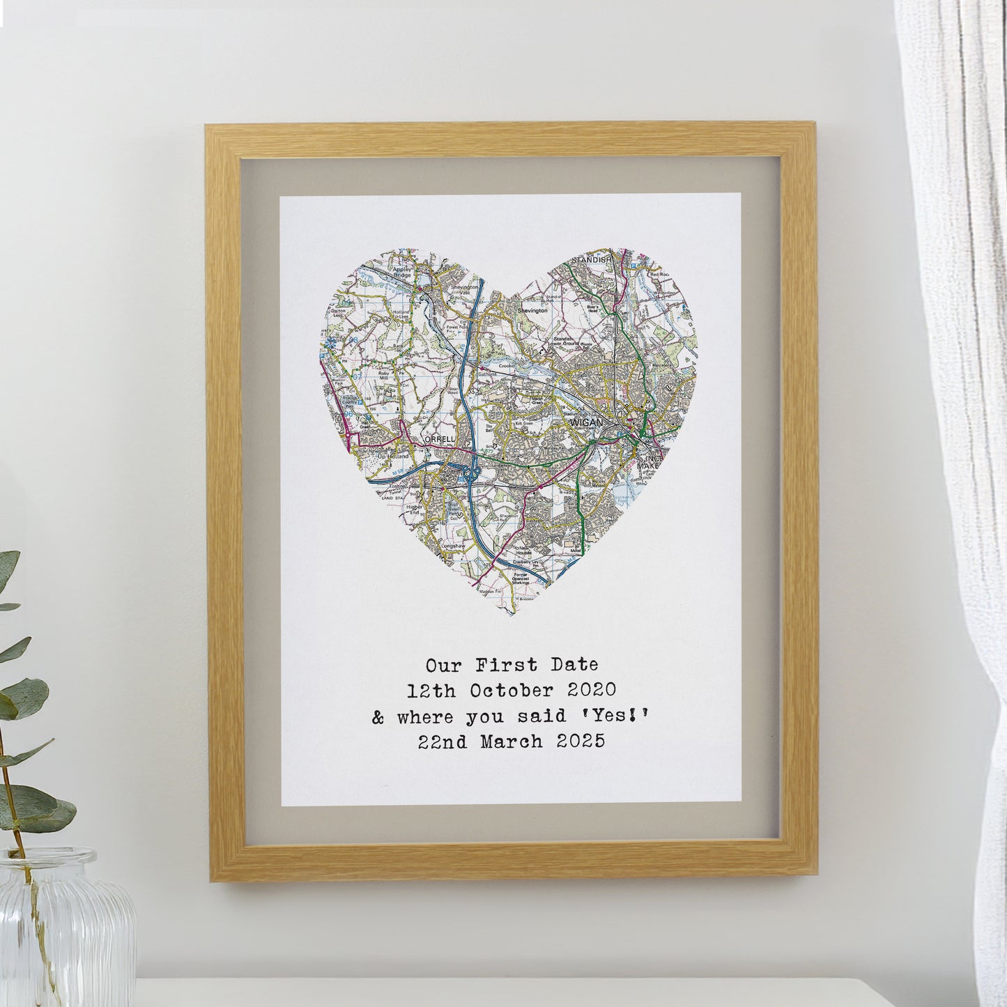 Personalised Present Day Map Heart Oak Poster Frame from Heartfelt Gifts