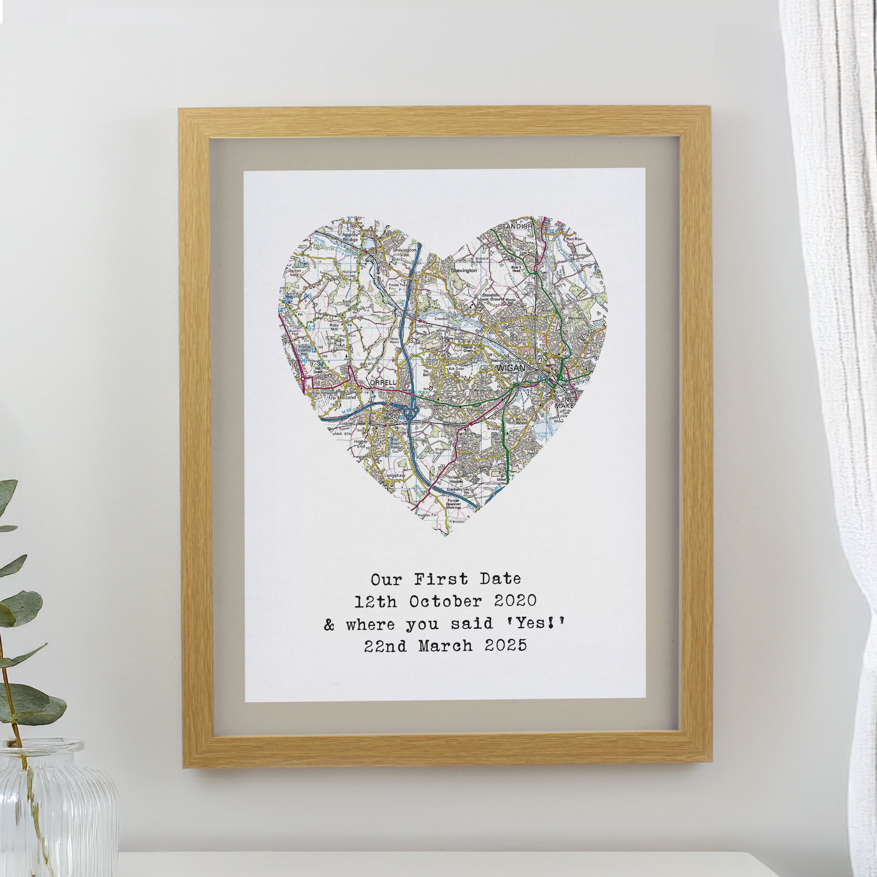 Personalised Present Day Map Heart Oak Poster Frame from Heartfelt Gifts