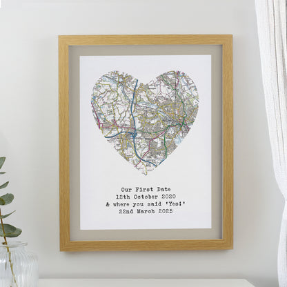 Personalised Present Day Map Heart Oak Poster Frame from Heartfelt Gifts