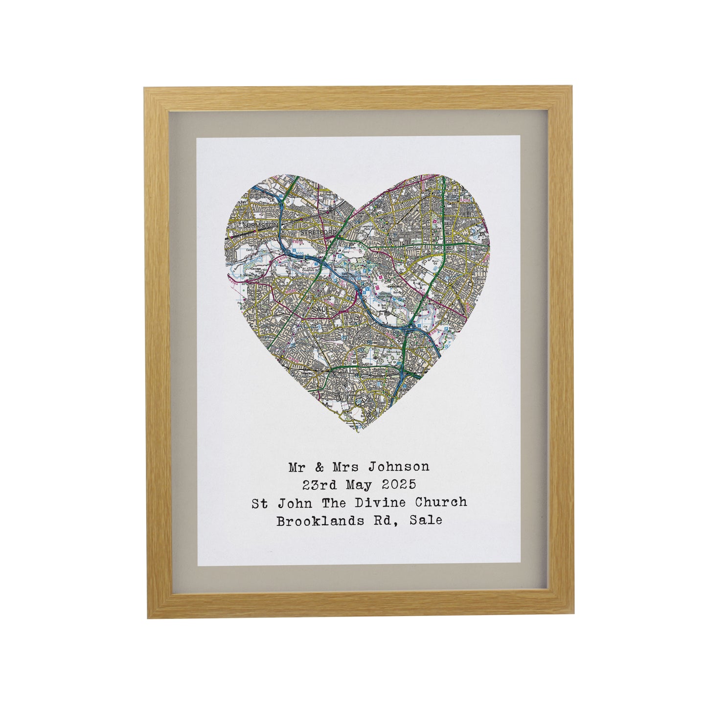 Personalised Present Day Map Heart Oak Poster Frame - image 3