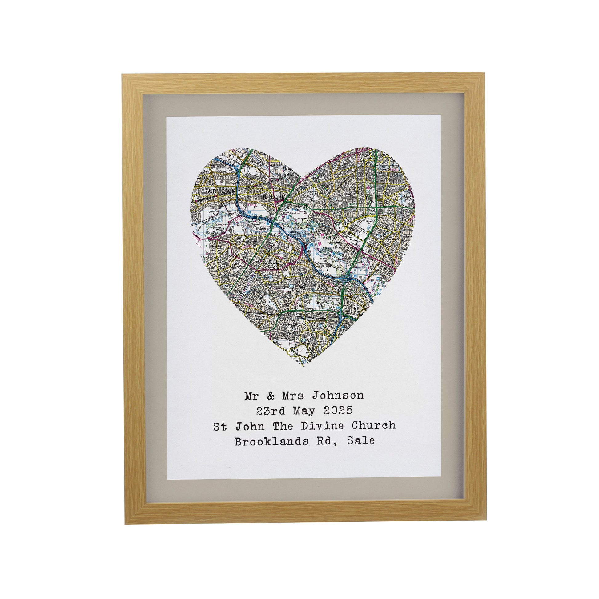 Personalised Present Day Map Heart Oak Poster Frame - image 3