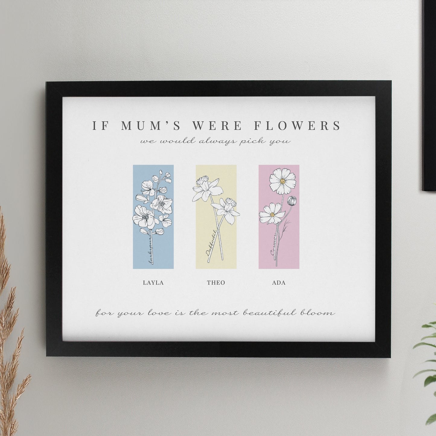 Personalised Birth Flower Family of 3 Black Framed Print from Heartfelt Gifts