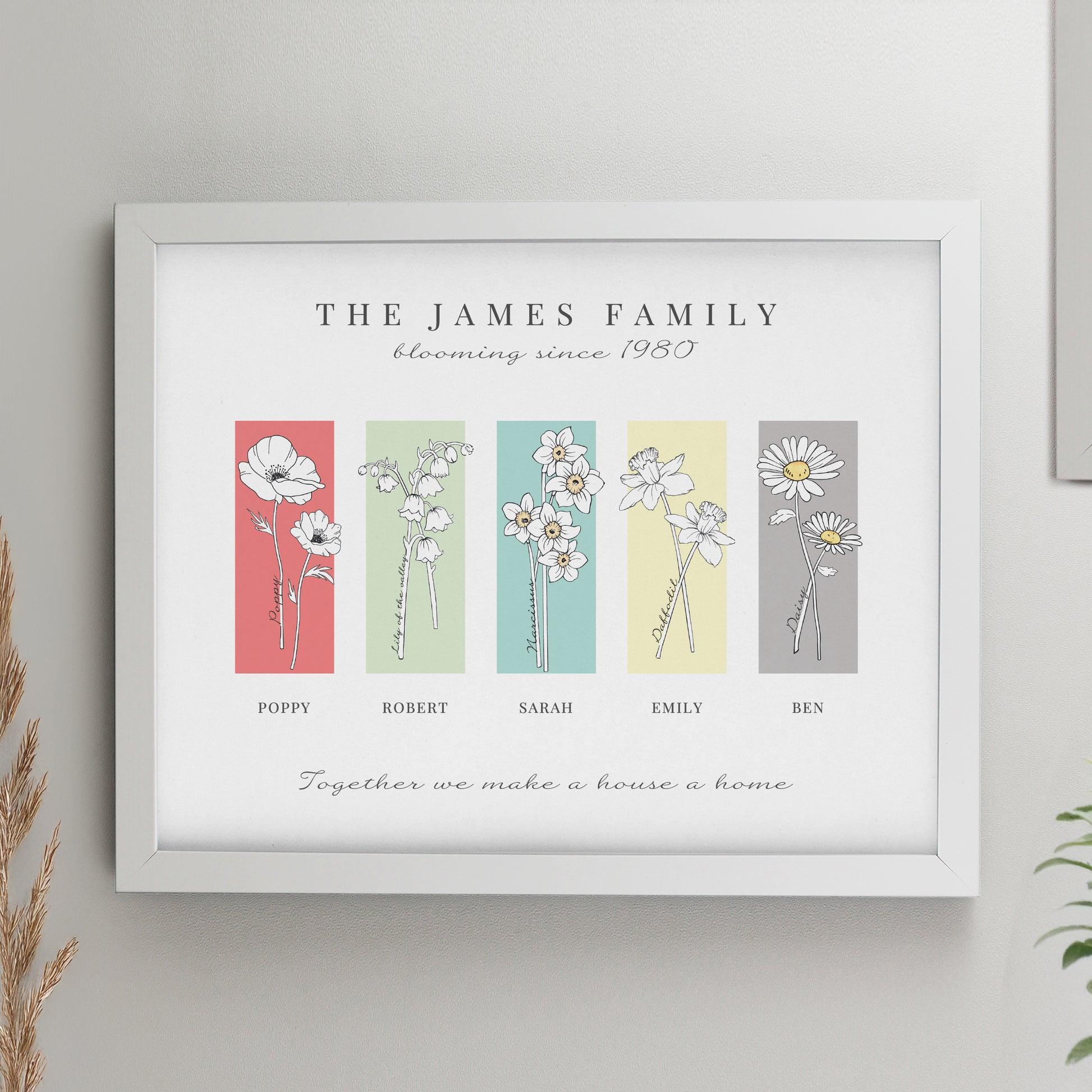 Personalised Birth Flower Family of 5 White Framed Print from Heartfelt Gifts