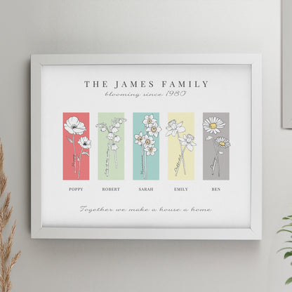 Personalised Birth Flower Family of 5 White Framed Print from Heartfelt Gifts
