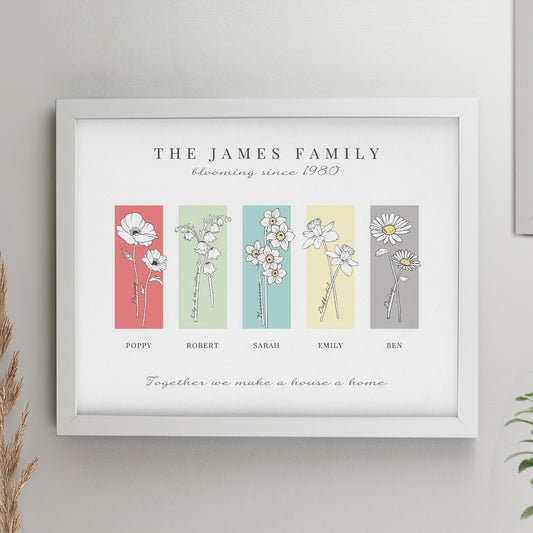 Personalised Birth Flower Family of 5 White Framed Print from Heartfelt Gifts