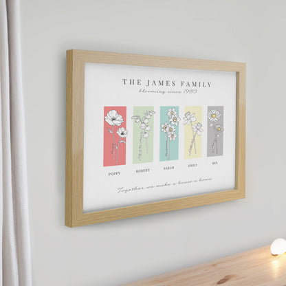Personalised Birth Flower Family of 5 Oak Framed Print - image 2