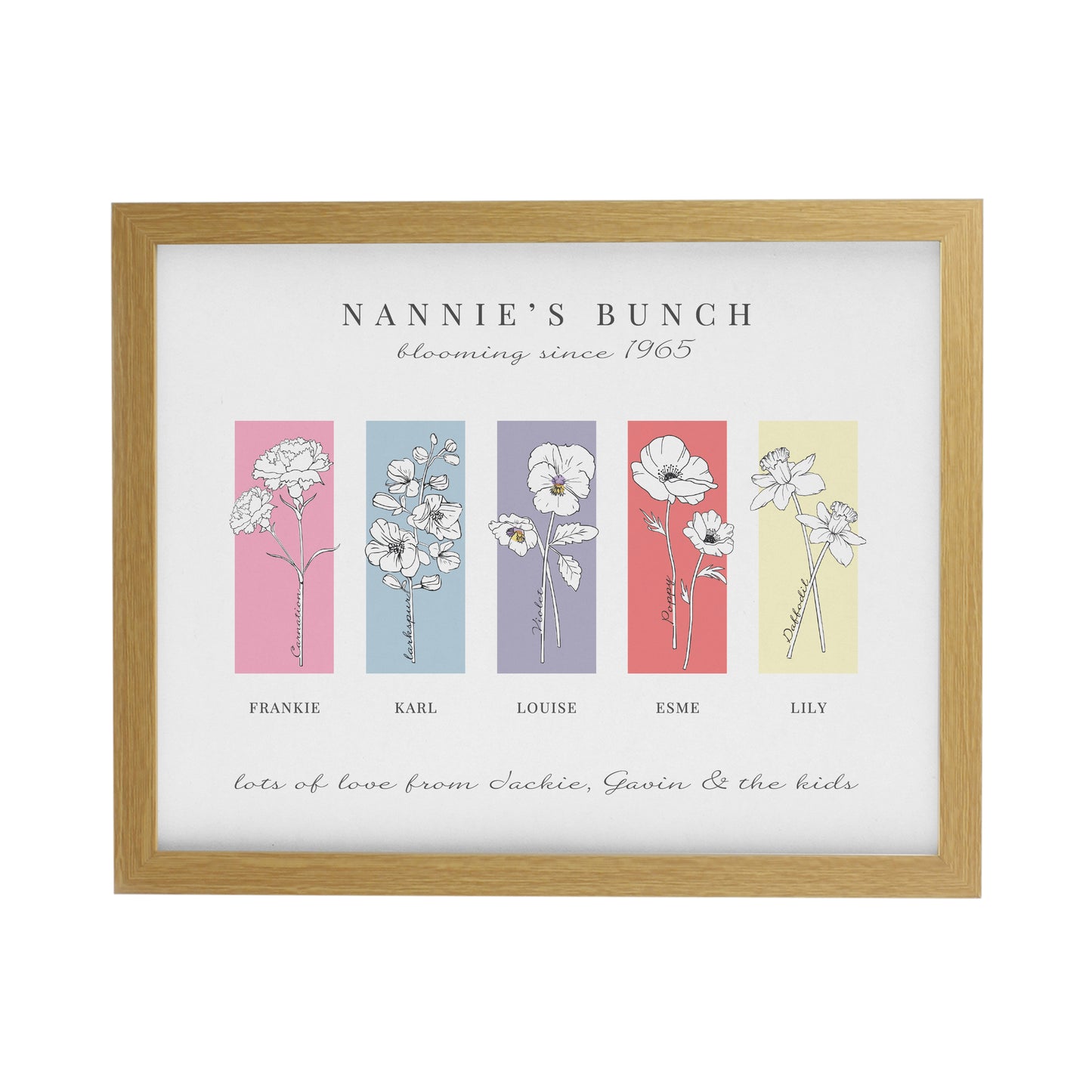 Personalised Birth Flower Family of 5 Oak Framed Print - image 3