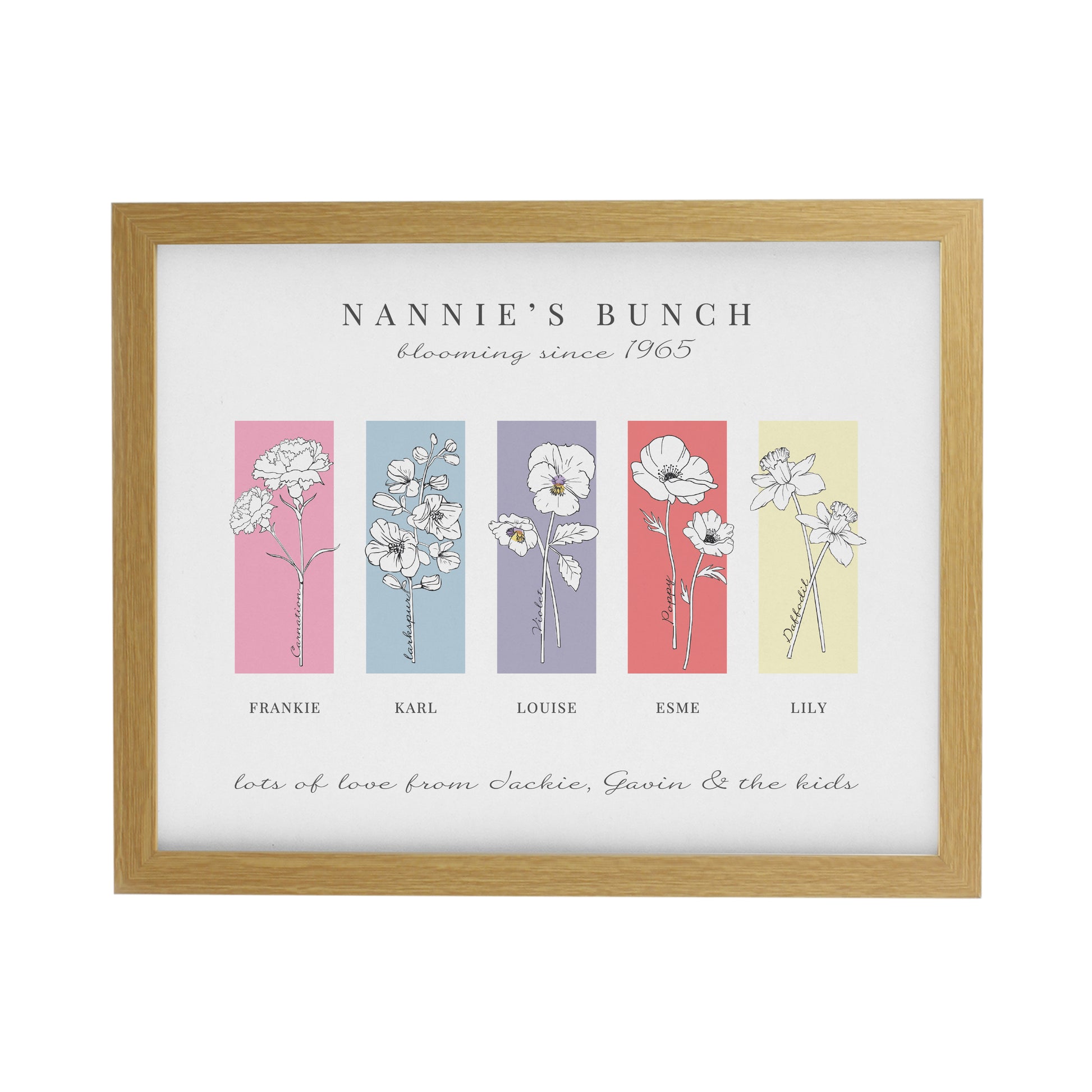 Personalised Birth Flower Family of 5 Oak Framed Print - image 3