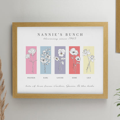 Personalised Birth Flower Family of 5 Oak Framed Print from Heartfelt Gifts