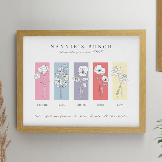 Personalised Birth Flower Family of 5 Oak Framed Print from Heartfelt Gifts