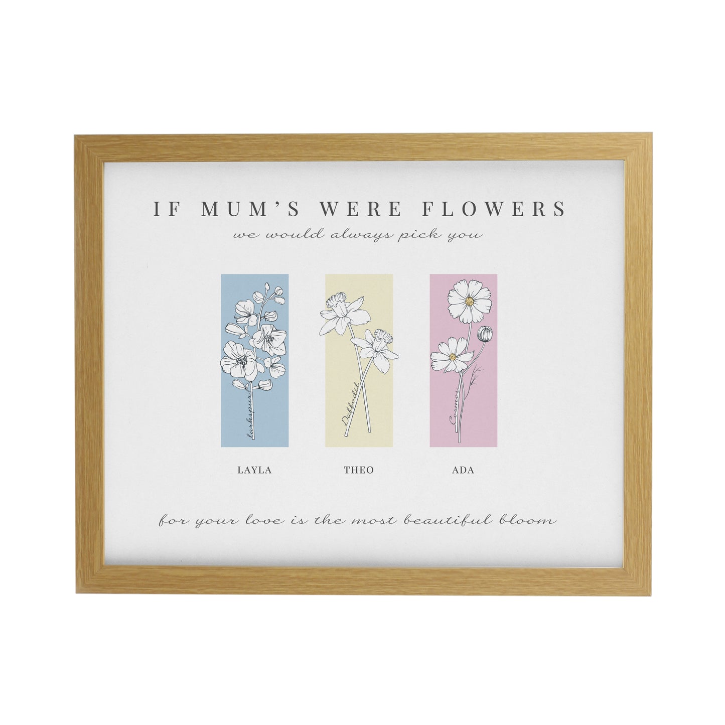 Personalised Birth Flower Family of 3 Oak Framed Print - image 2
