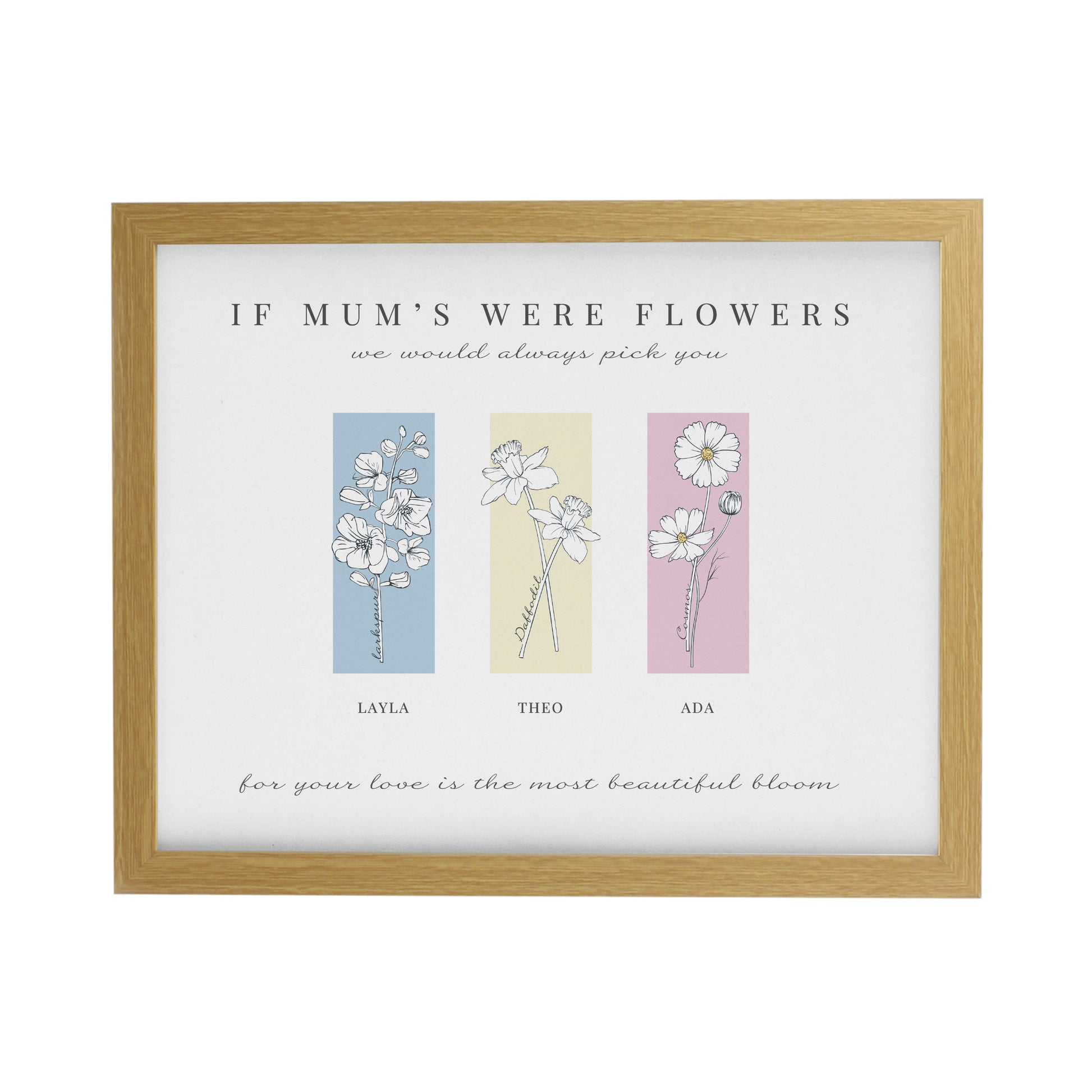 Personalised Birth Flower Family of 3 Oak Framed Print - image 2