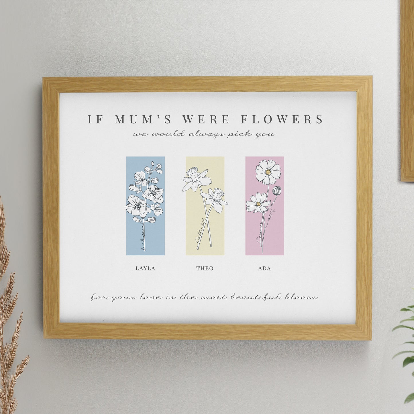 Personalised Birth Flower Family of 3 Oak Framed Print from Heartfelt Gifts