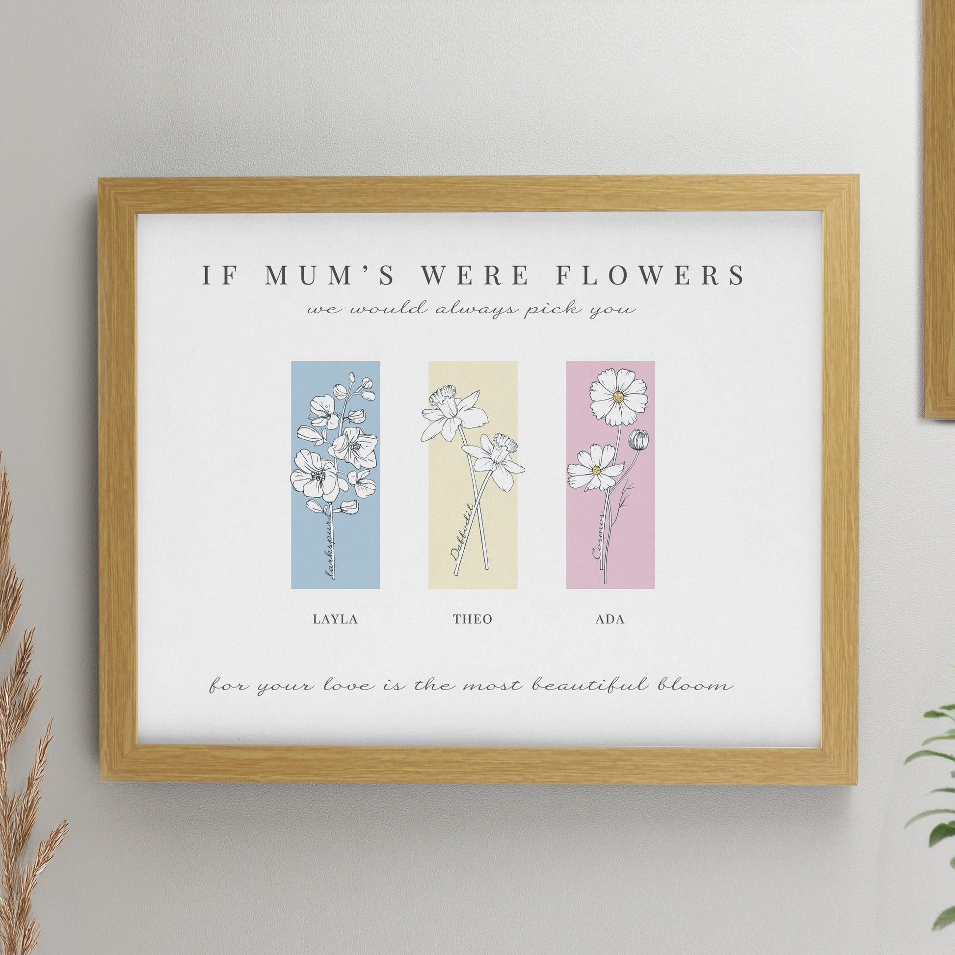 Personalised Birth Flower Family of 3 Oak Framed Print from Heartfelt Gifts