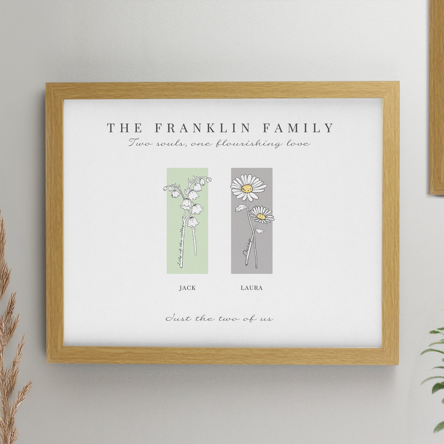 Personalised Birth Flower Family of 2 Oak Framed Print from Heartfelt Gifts