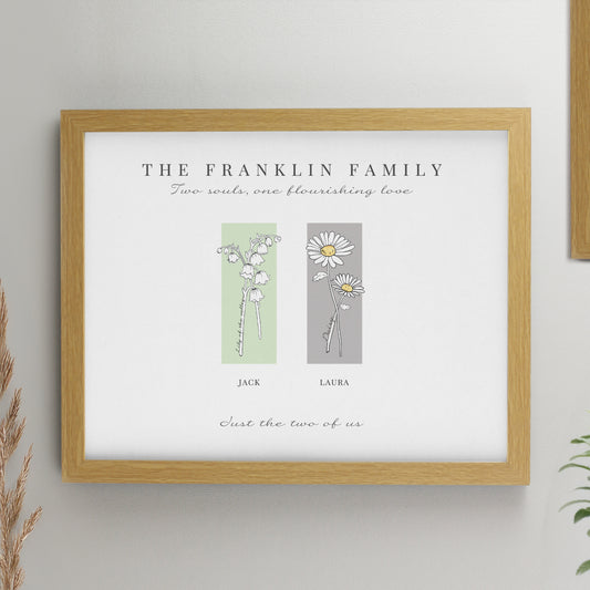 Personalised Birth Flower Family of 2 Oak Framed Print from Heartfelt Gifts