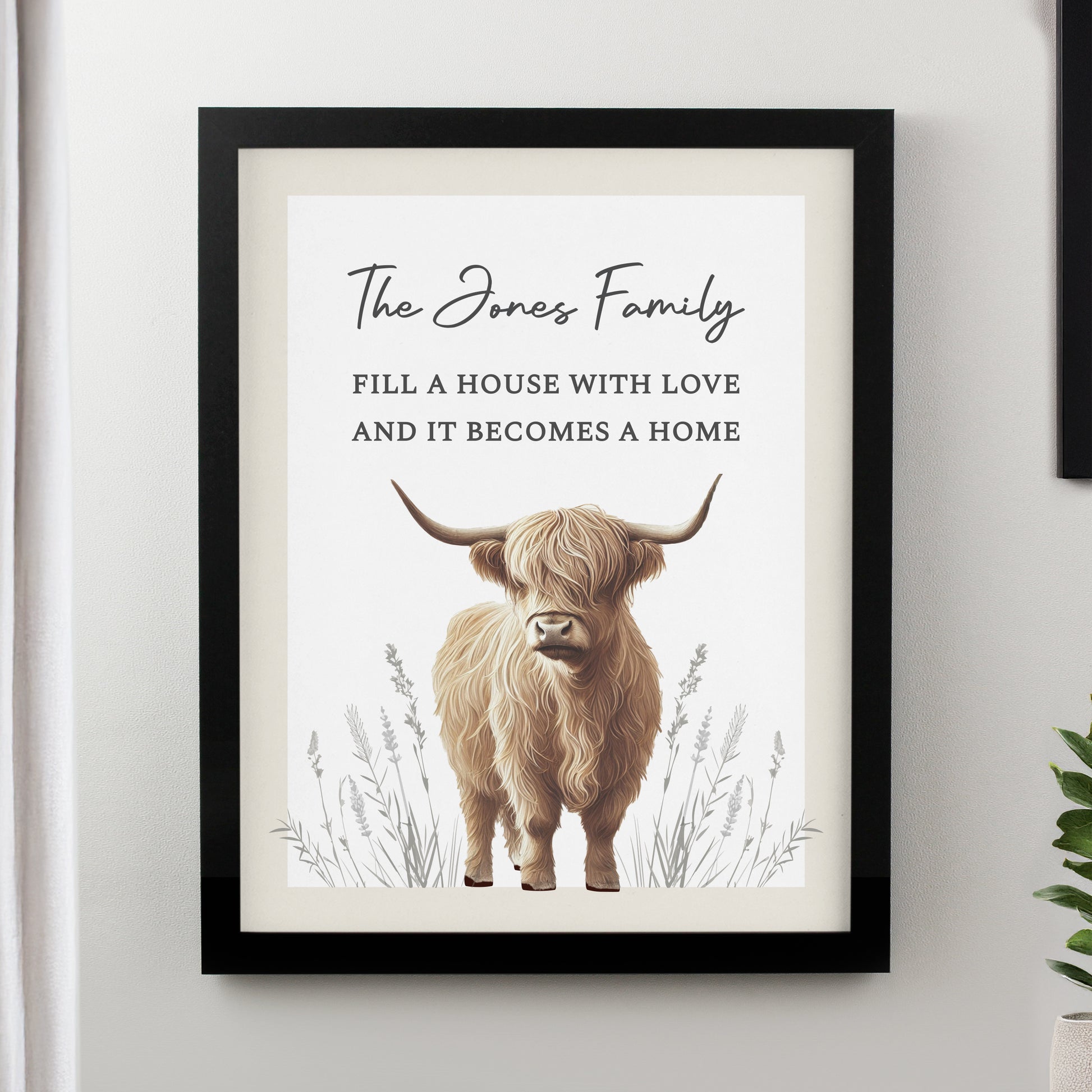 Personalised Highland Cow Black Framed Print – Bold Wall Art Home Gift