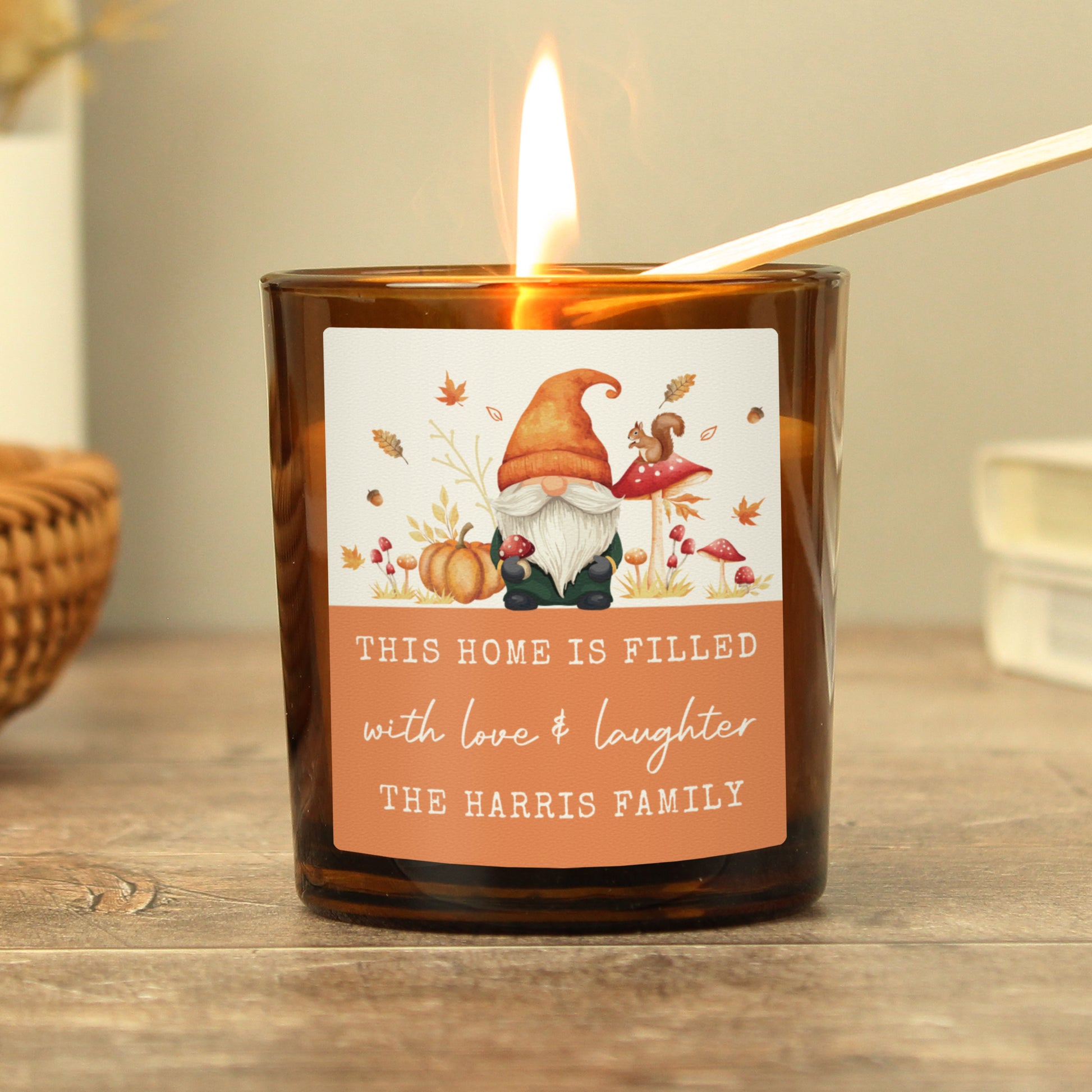 Personalised Autumn Gonk Amber Glass Vanilla Candle – Cosy Seasonal Scented Gift - image 2