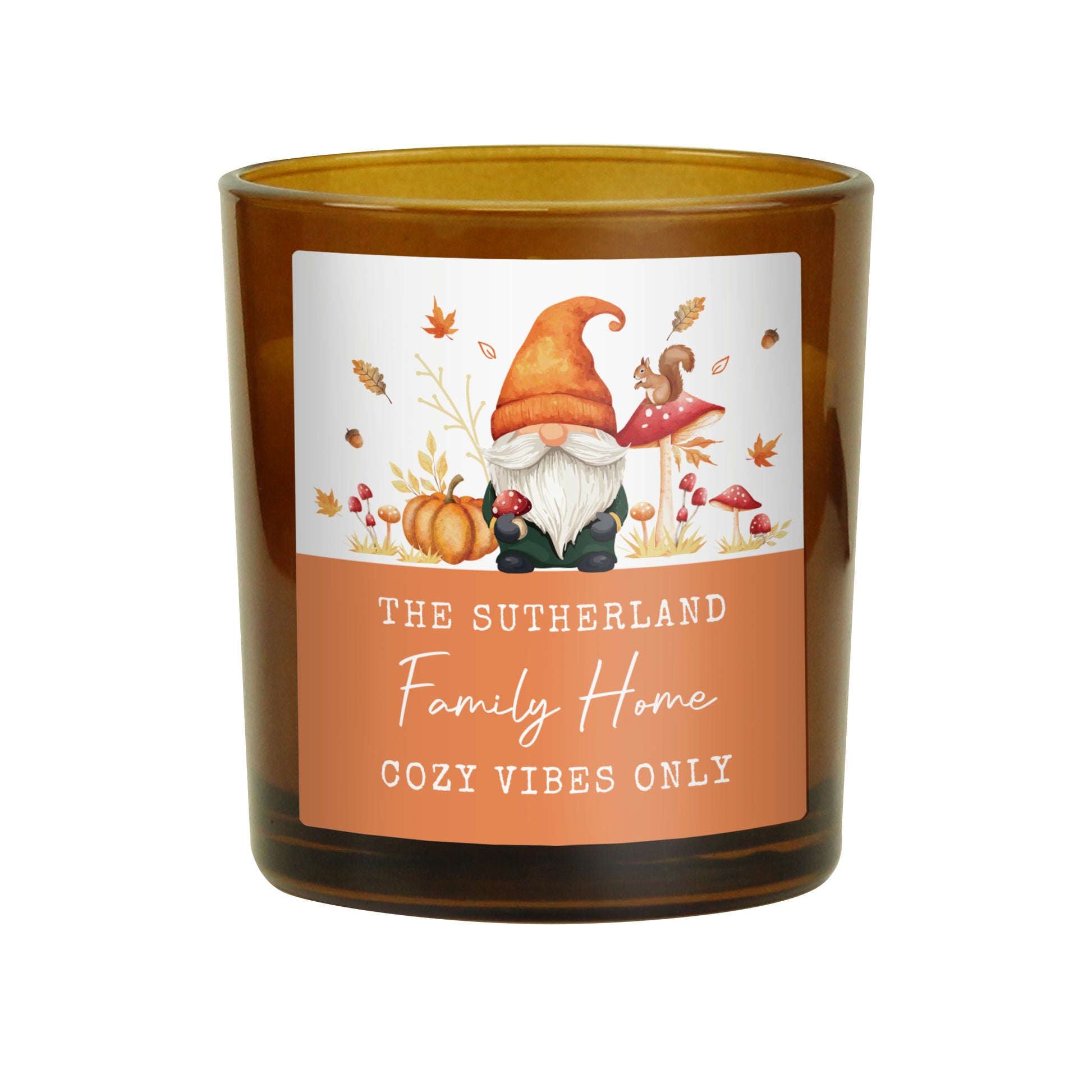 Personalised Autumn Gonk Amber Glass Vanilla Candle – Cosy Seasonal Scented Gift - image 4