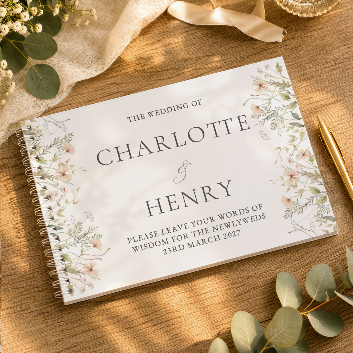 Personalised Peach Wild Flowers Wedding Guest Book from Heartfelt Gifts