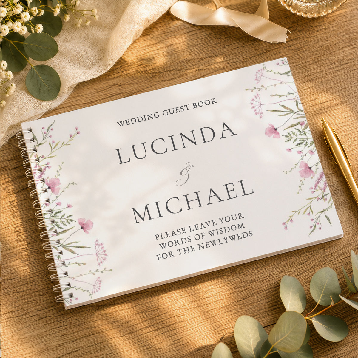 Personalised Pink Wild Flowers Wedding Guest Book from Heartfelt Gifts