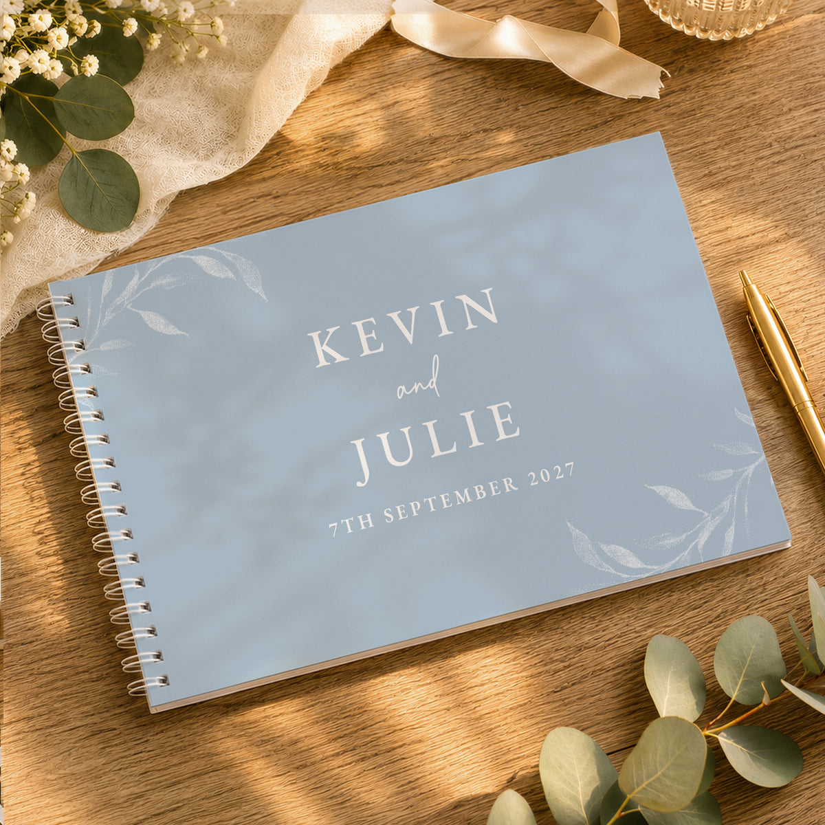 Personalised Botanical Baby Blue Wedding Guest Book from Heartfelt Gifts