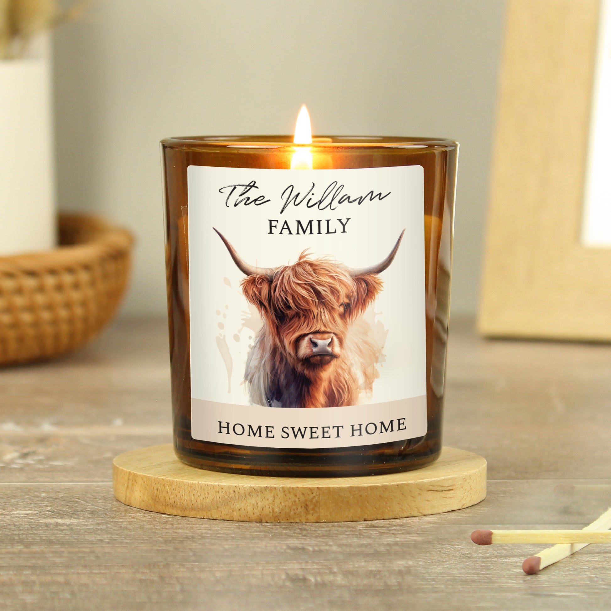 Personalised Highland Cow Amber Glass Candle from Heartfelt Gifts