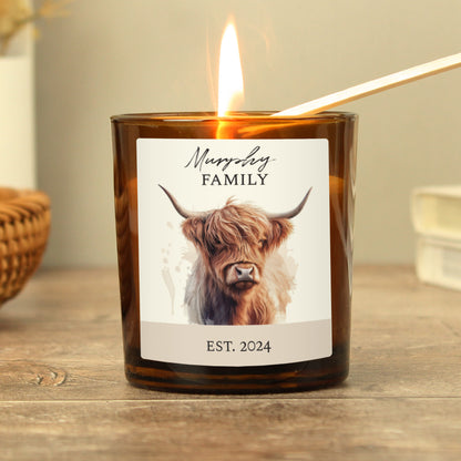 Personalised Highland Cow Amber Glass Candle - image 3