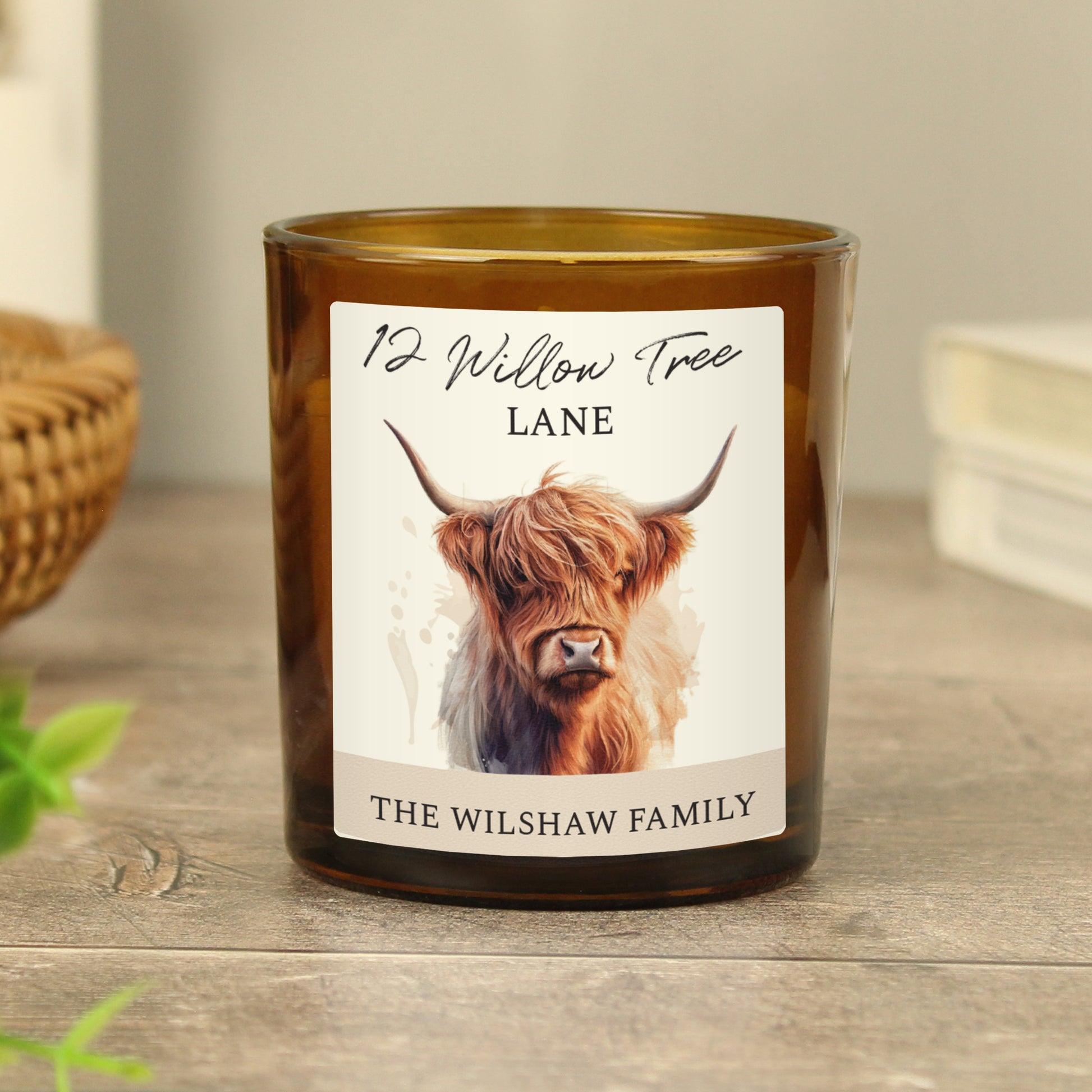 Personalised Highland Cow Amber Glass Candle - image 4