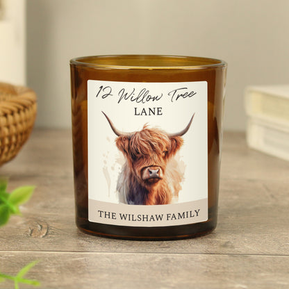 Personalised Highland Cow Amber Glass Candle - image 4
