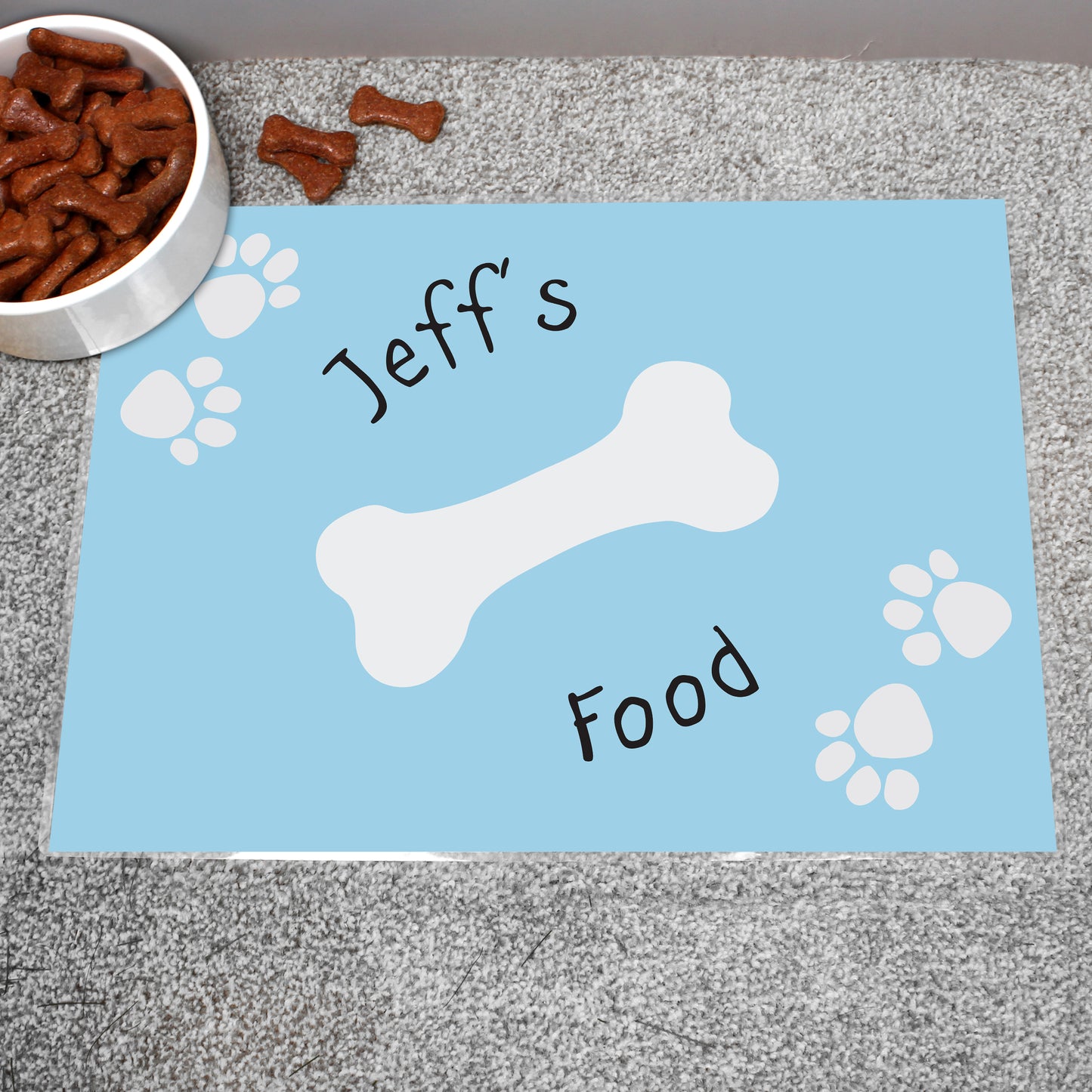 Personalised Blue Paw Print Dog Pet Bowl Mat from Heartfelt Gifts