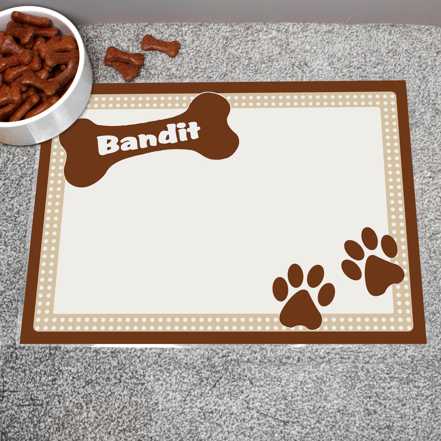 Personalised Brown Dotty Dog Pet Bowl Mat from Heartfelt Gifts