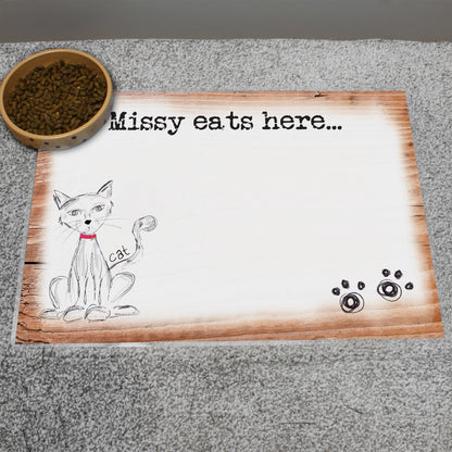 Personalised Scribble Cat Pet Bowl Mat from Heartfelt Gifts