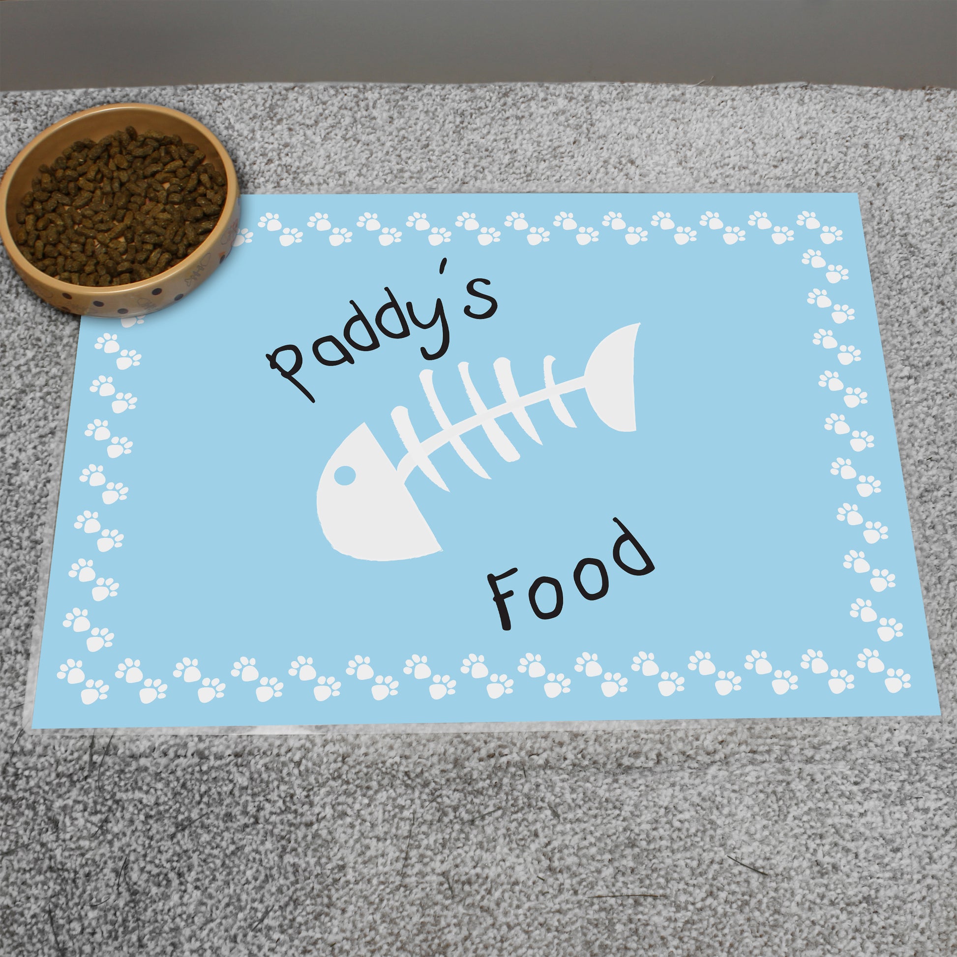Personalised Blue Fish Bone Cat Pet Bowl Mat from Heartfelt Gifts
