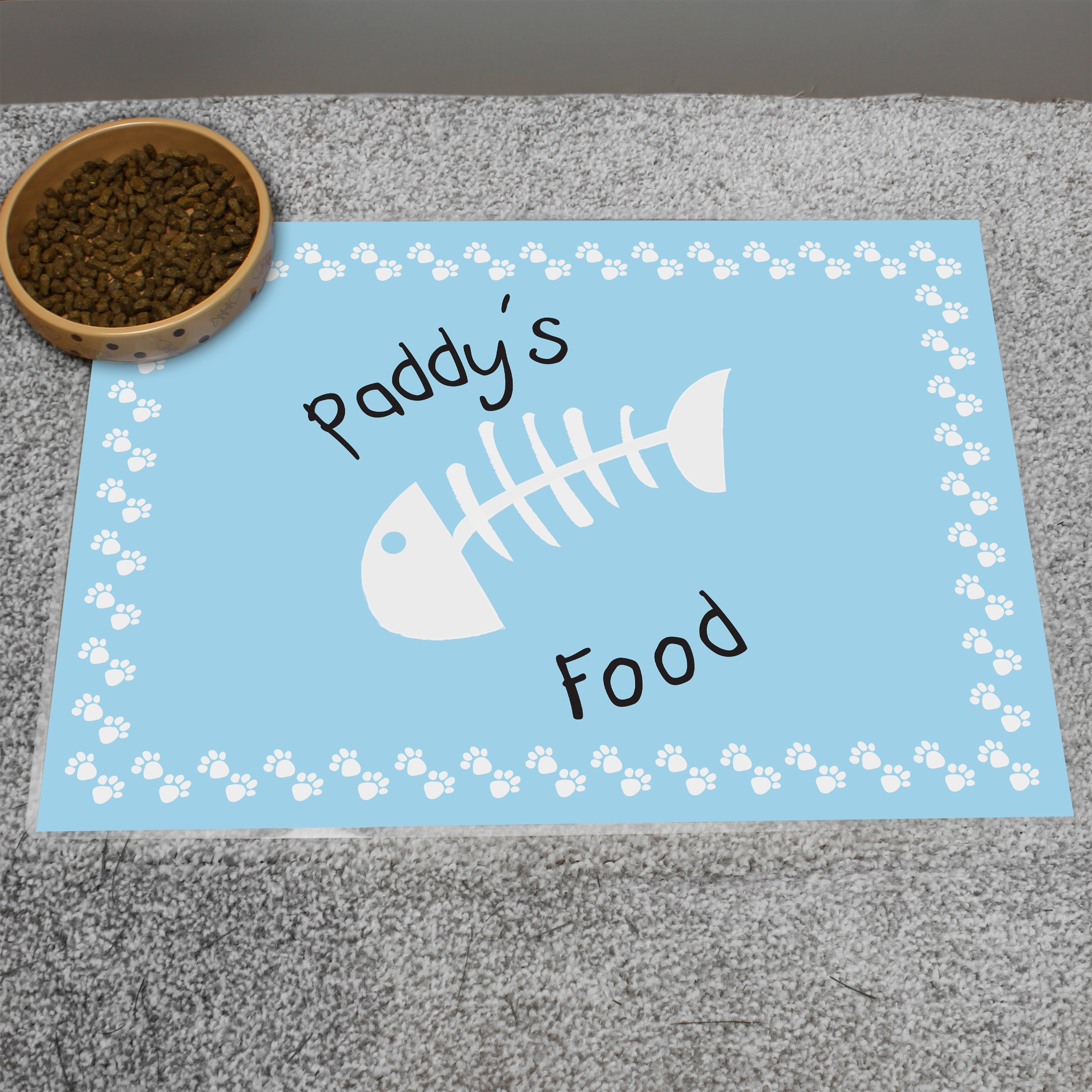 Personalised Blue Fish Bone Cat Pet Bowl Mat from Heartfelt Gifts