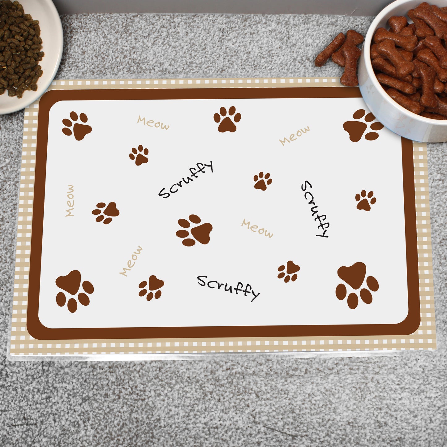 Personalised Brown Gingham Cat Pet Bowl Mat from Heartfelt Gifts