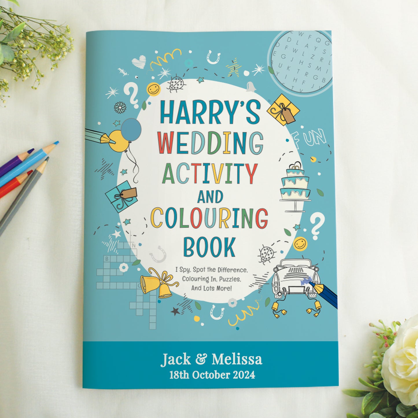 Personalised Blue A4 Wedding Activity & Colouring Book from Heartfelt Gifts