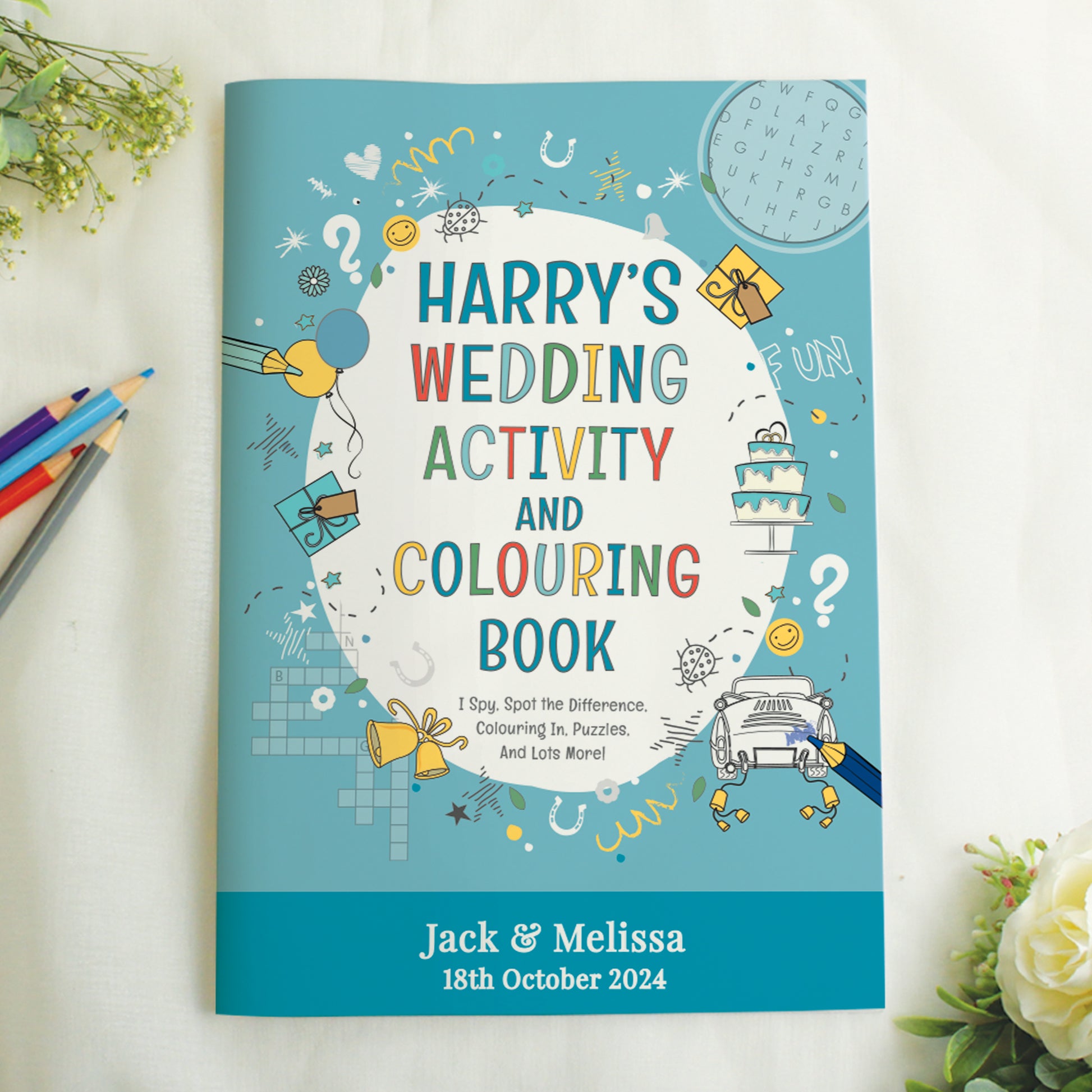 Personalised Blue A4 Wedding Activity & Colouring Book from Heartfelt Gifts