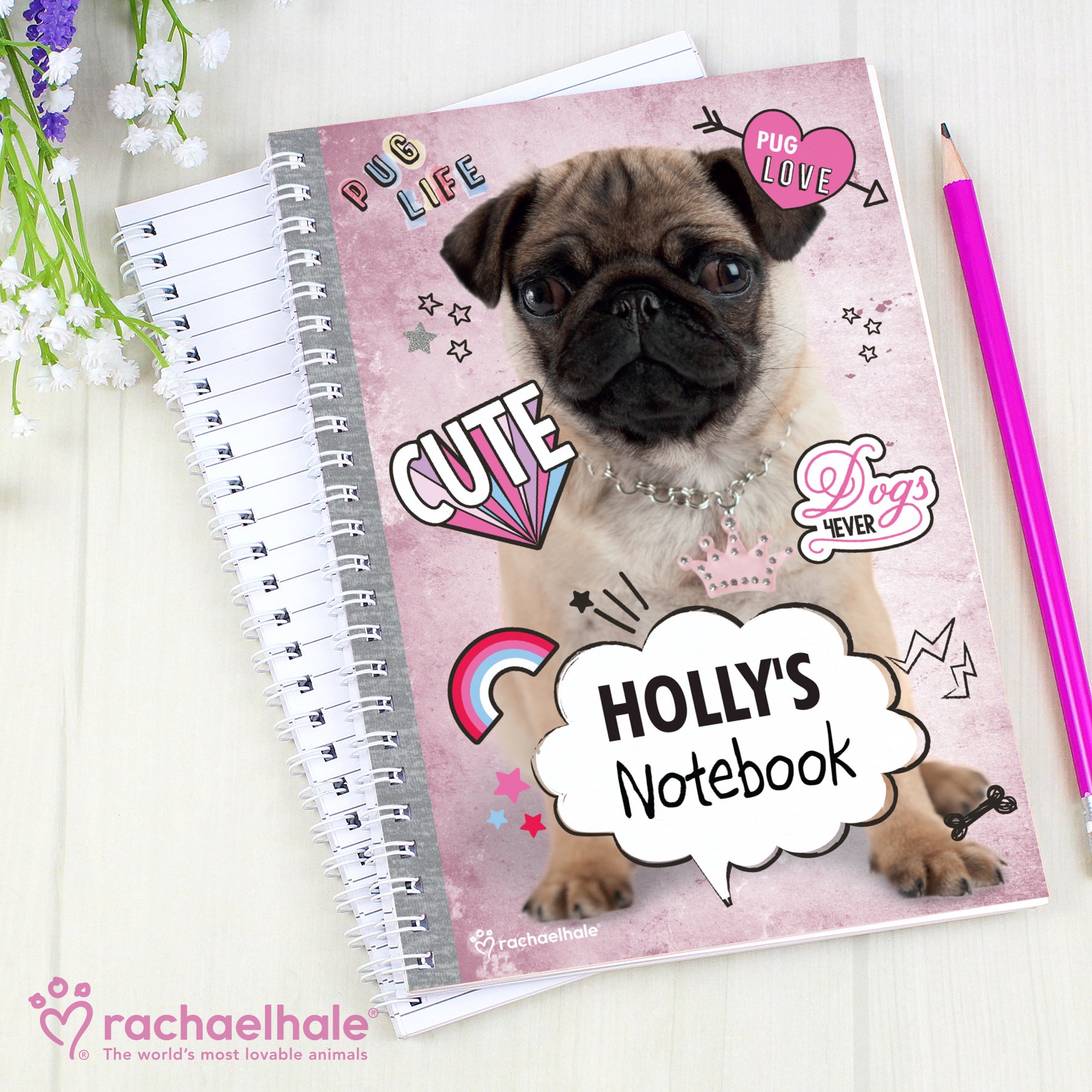 Personalised Rachael Hale Doodle Pug A5 Notebook from Heartfelt Gifts