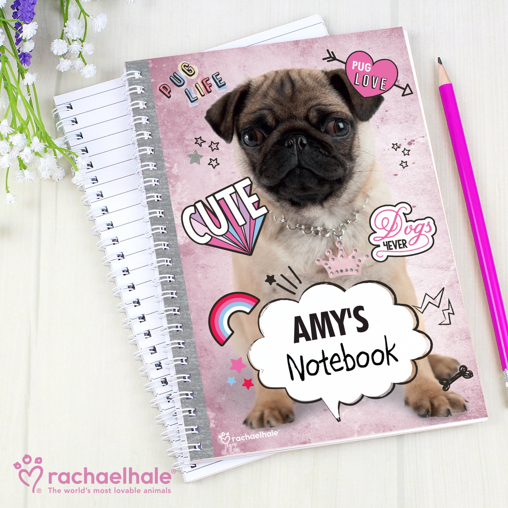Personalised Rachael Hale Doodle Pug A5 Notebook - image 4