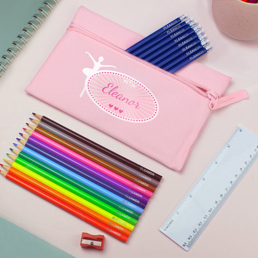 Pink Ballerina Pencil Case with Personalised Pencils & Crayons from Heartfelt Gifts