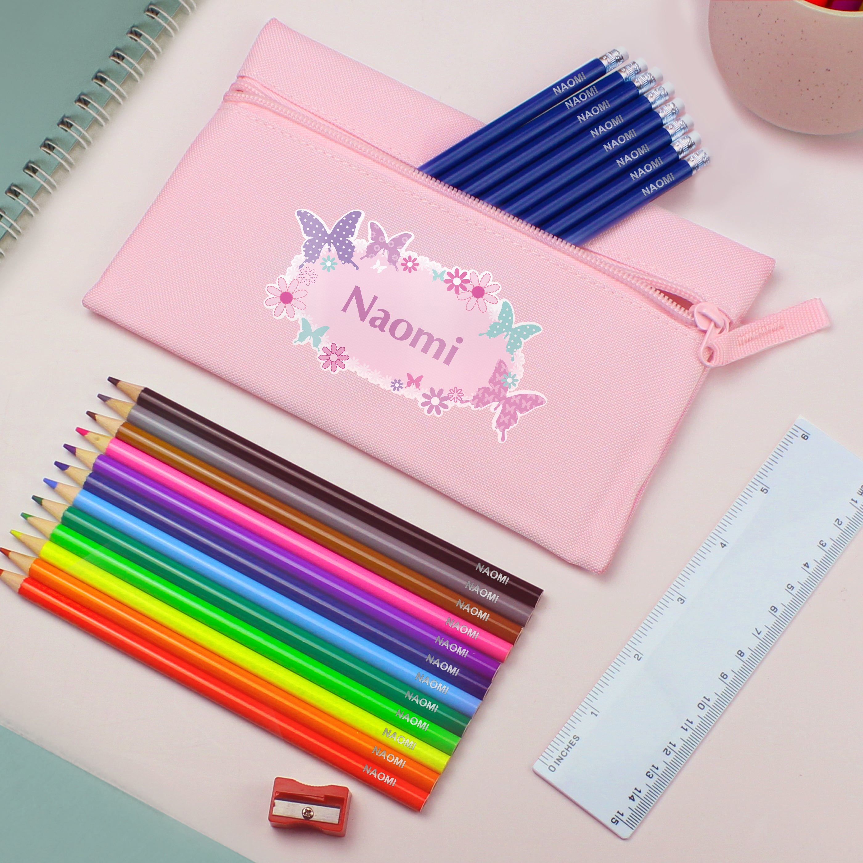 Pink Butterfly Pencil Case with Personalised Pencils & Crayons from Heartfelt Gifts