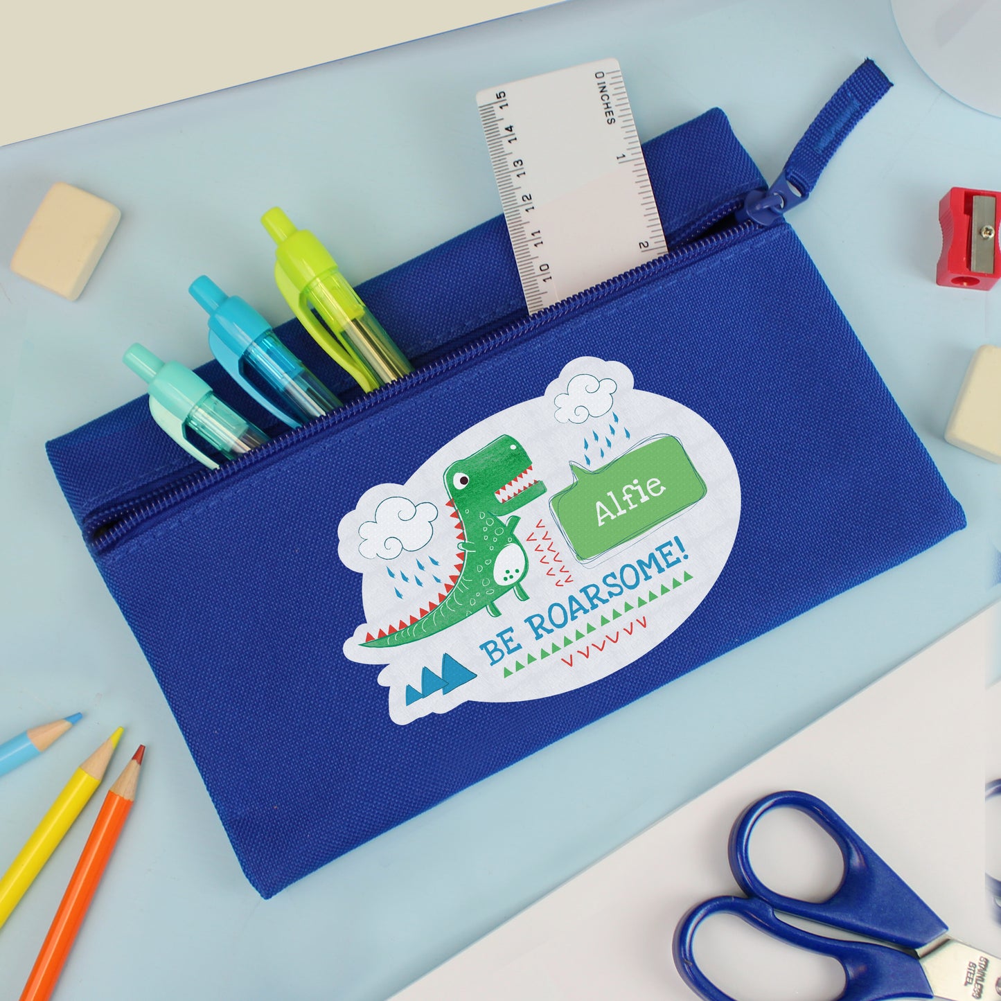 Personalised 'Be Roarsome' Dinosaur Blue Pencil Case from Heartfelt Gifts